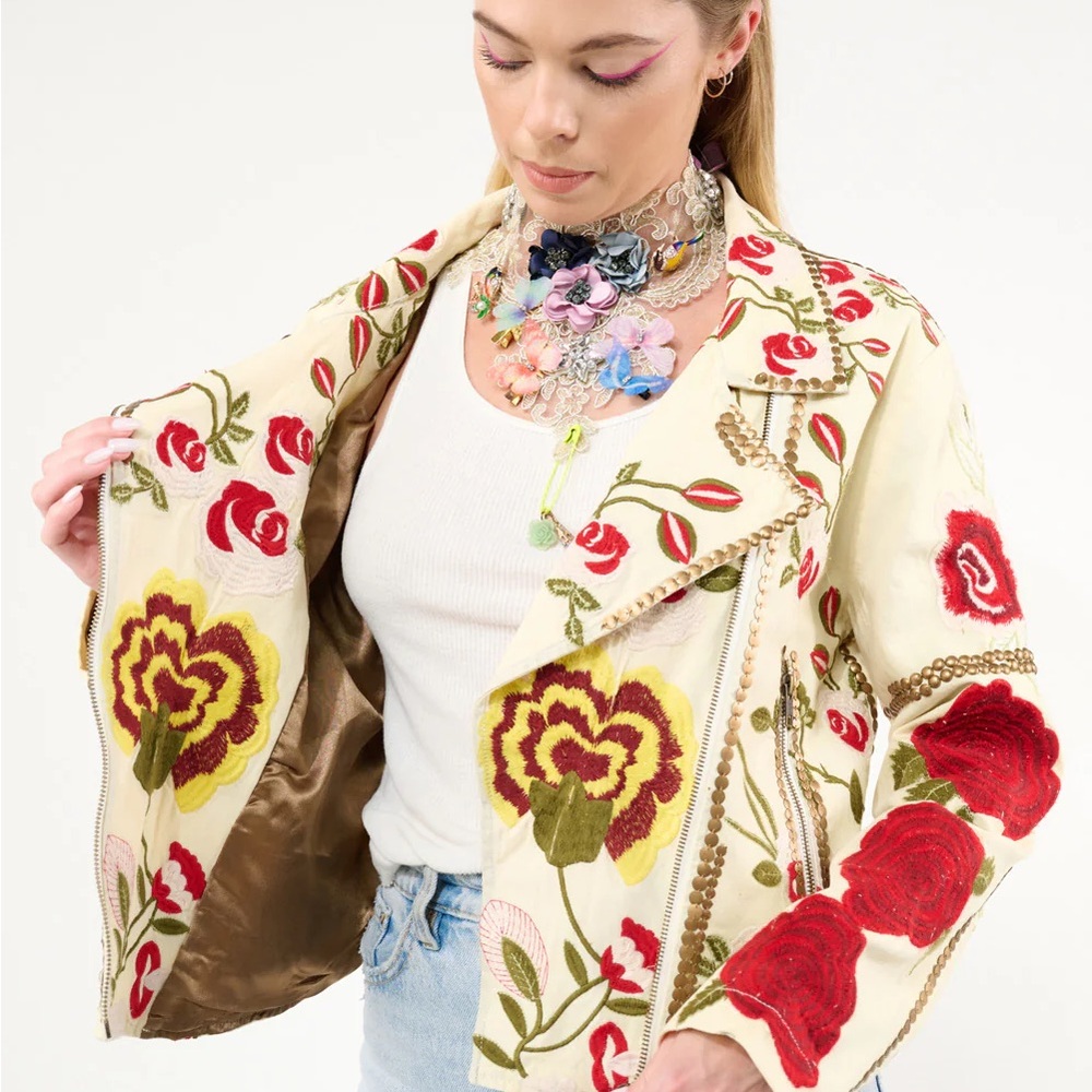 Aratta Floral Embroidered Women's Cotton Moto Jacket - Picture 4 of 8